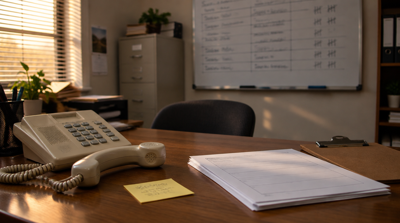 A small staffing agency office in late-afternoon light: a desk phone with the handset off the hook, a sticky note, a stack of blank interview forms and a clipboard, with a whiteboard of open roles and tally marks behind