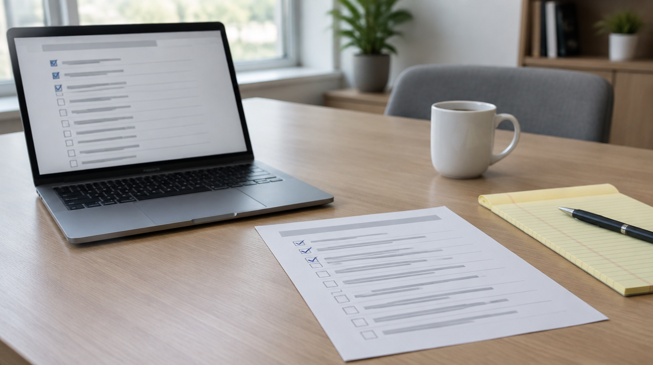 A conference table with an open laptop showing a generic checklist, a printed tenant review checklist with checkmarks, a legal pad and a coffee mug