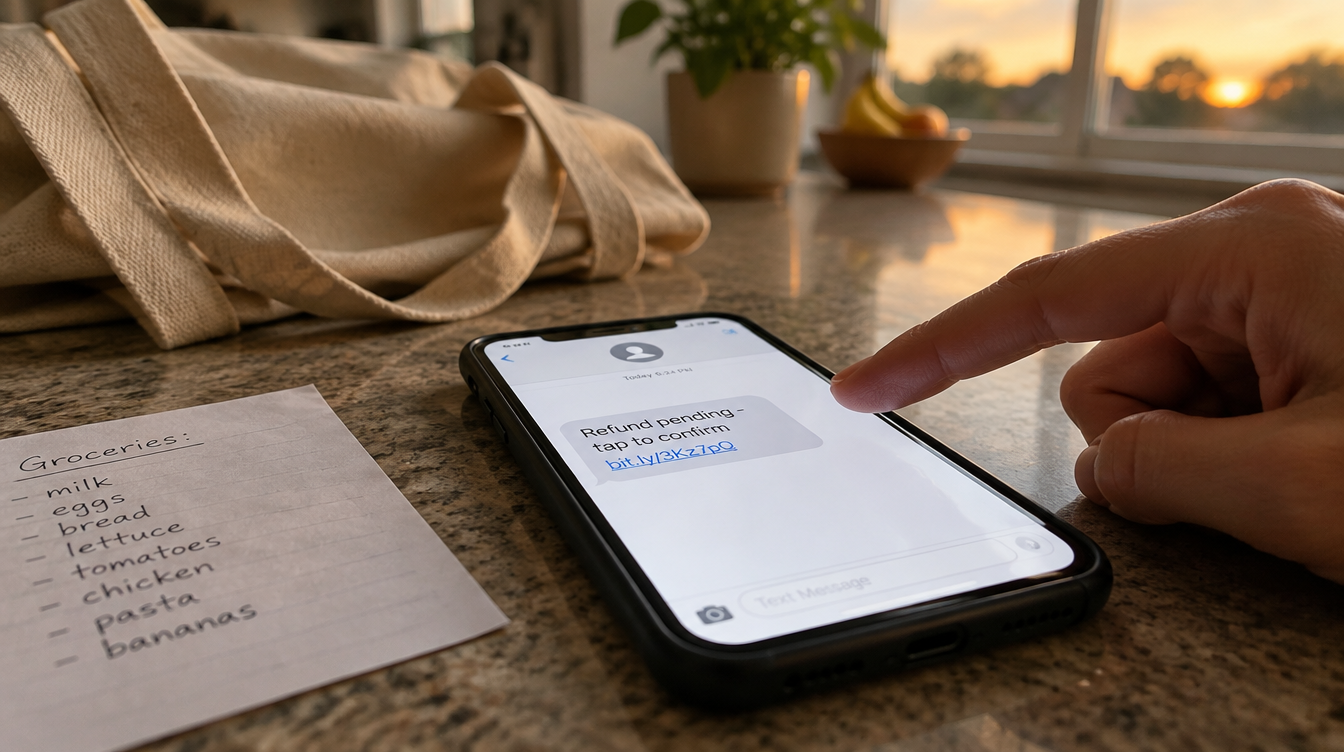 A smartphone on a kitchen counter showing a suspicious "Refund pending, tap to confirm" text next to a grocery list