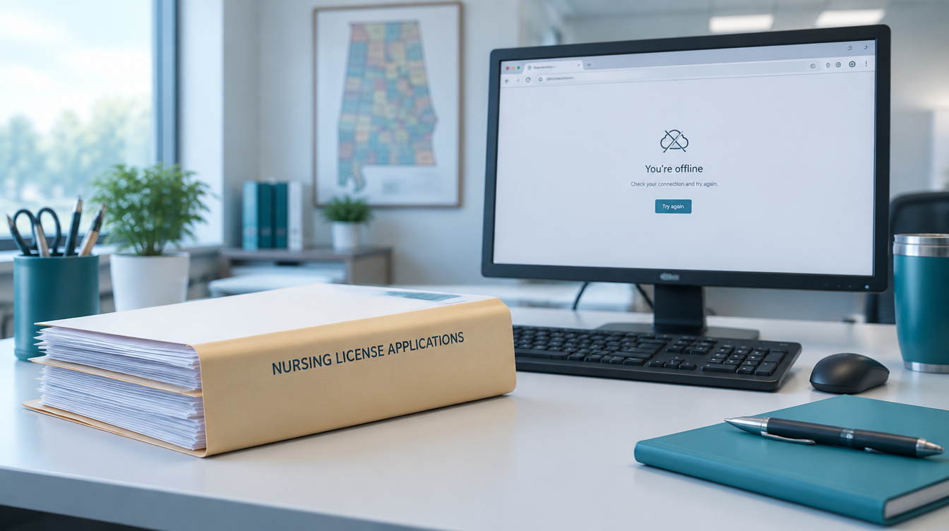Credentialing desk with paper nurse license applications and an offline licensing portal on screen.