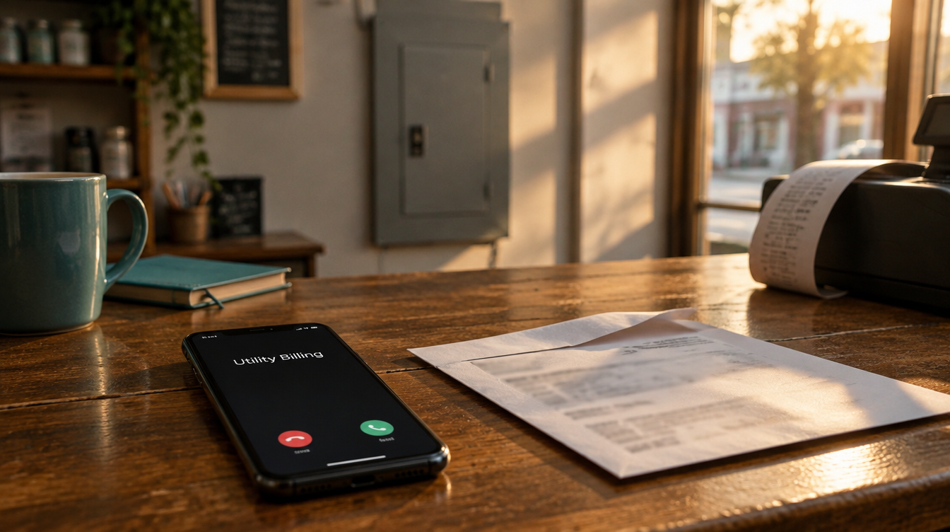A phone showing an incoming "Utility Billing" call beside an electric bill on a small-business counter.
