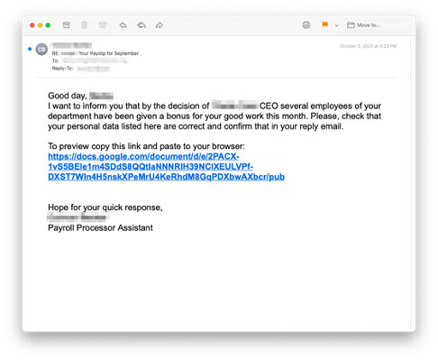 Example phishing email with a suspicious link posing as a payroll notice
